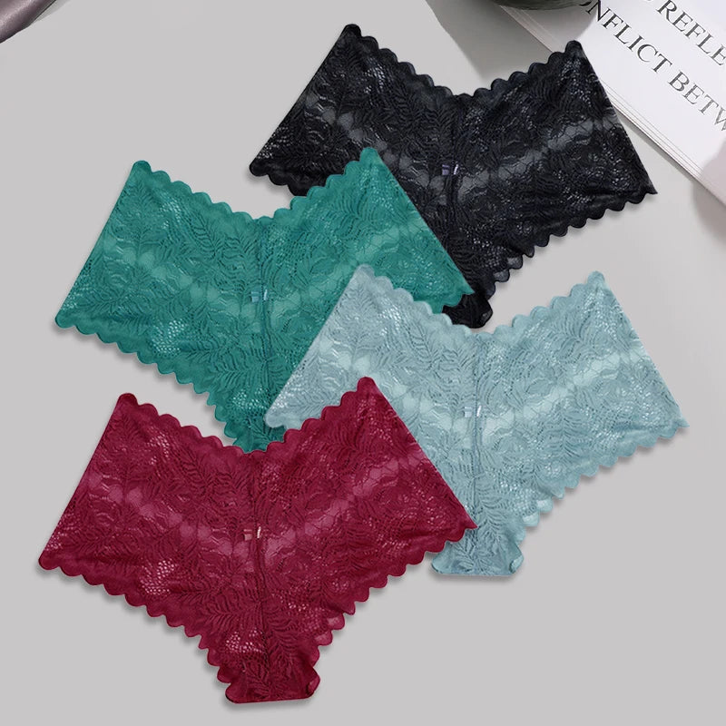4-Pack All-Over Floral Lace Boyshorts — Hollow-Out Scalloped Low-Rise Panties