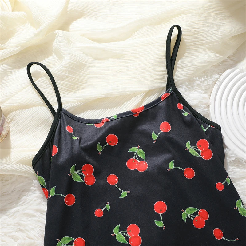 Butterfly Print Satin Sleep Dress — Spaghetti Strap Mini Nightgown