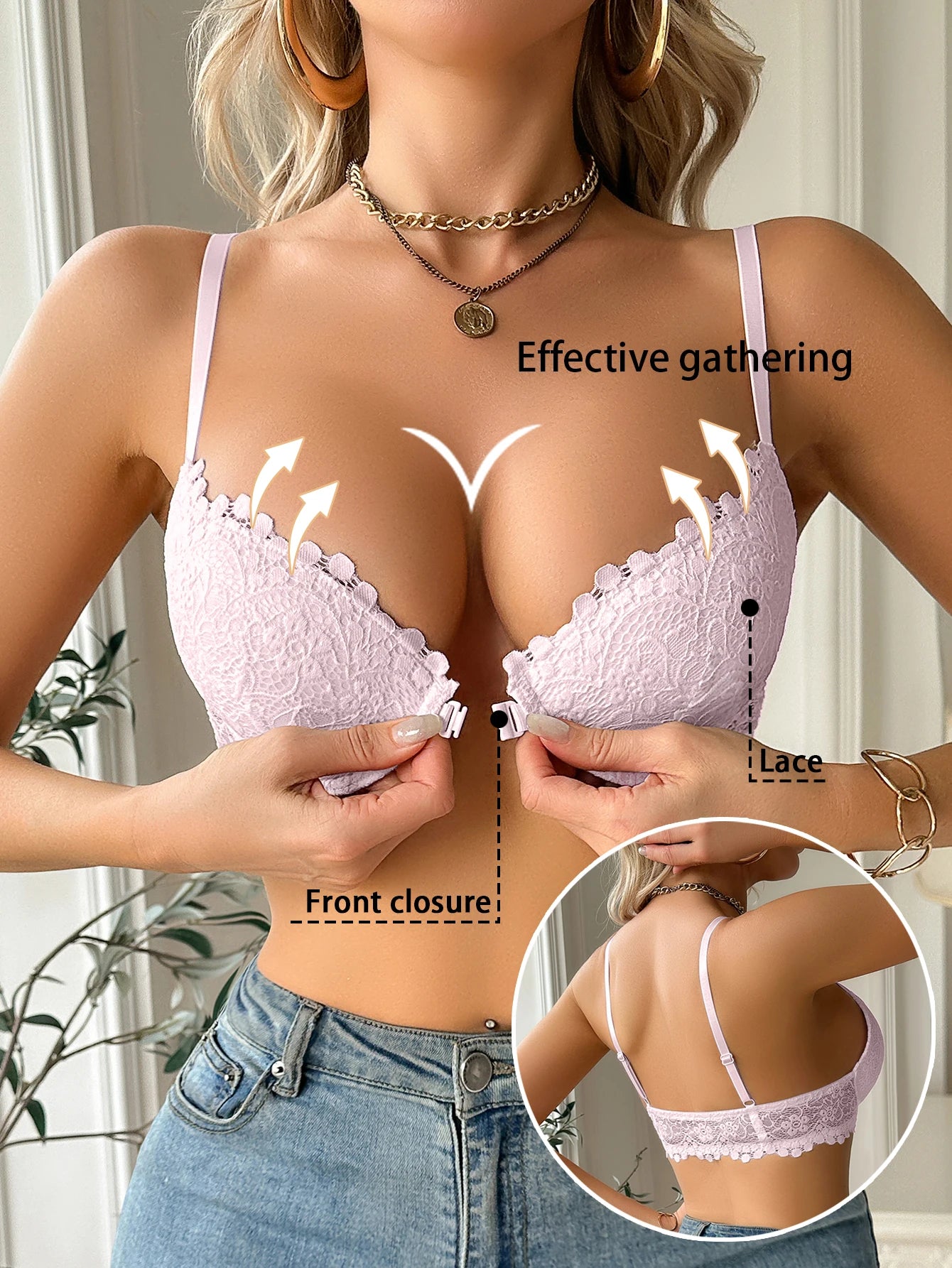 Floral Lace Front-Closure Push-Up Bra — Underwire Gathering | Women's Bra