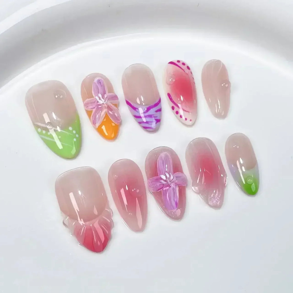 Summer Fruit Press-On Nails – Handmade 3D French Almond 10-Piece Kit