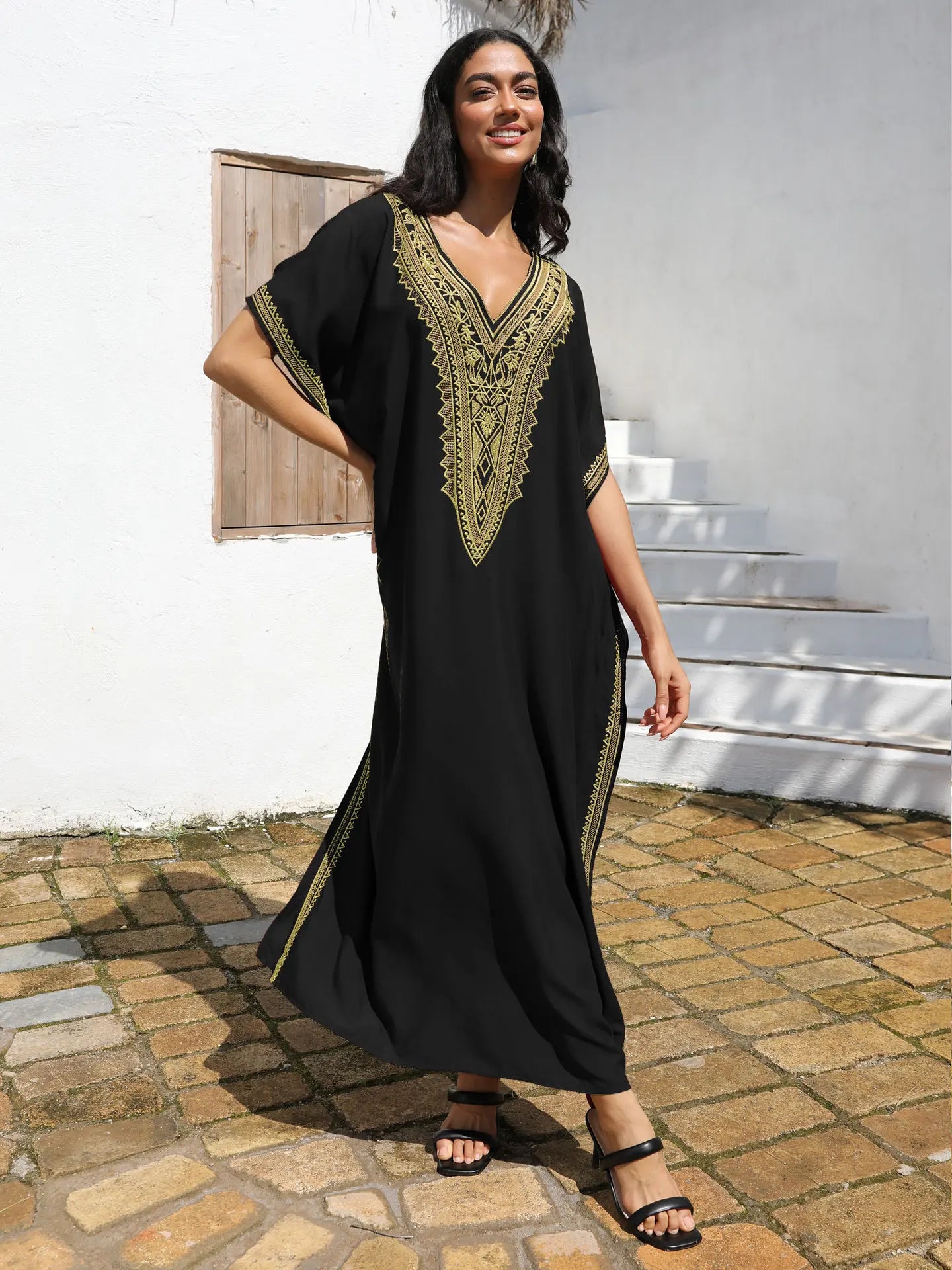 Embroidery Beach Cover-Up Kaftan — Loose V-Neck Long Robe | Women's Swimsuit Cover-Up