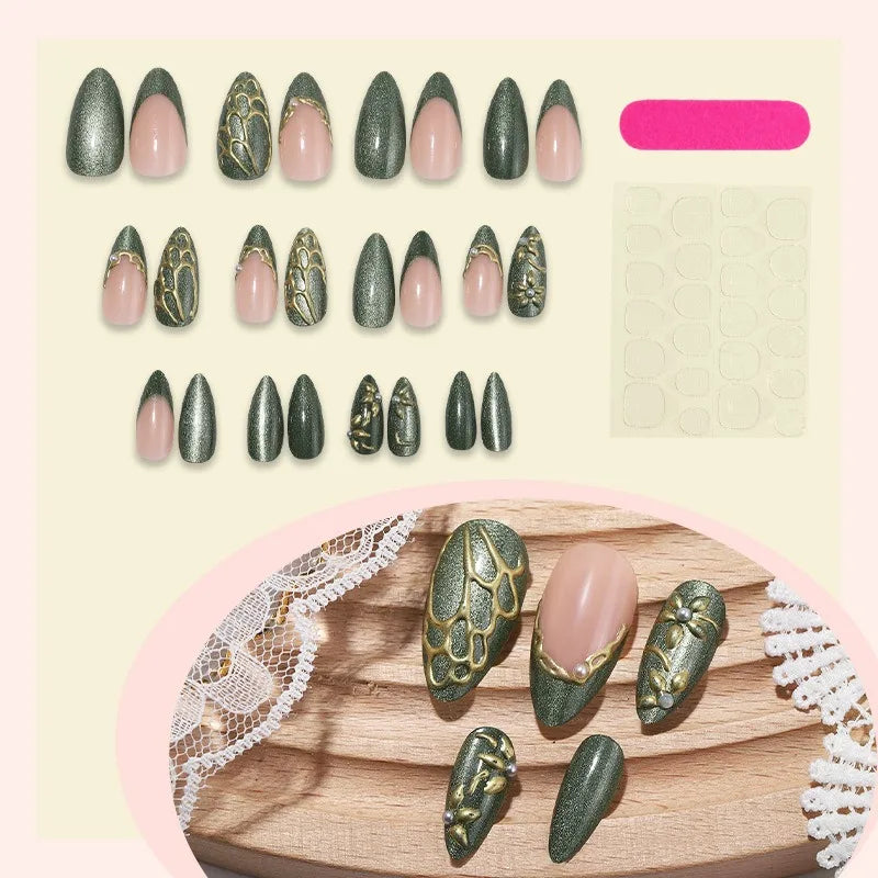 Medium Almond Cat Eye Press-On Nails - Glitter & Gold-Tone Designs, 24 Pieces