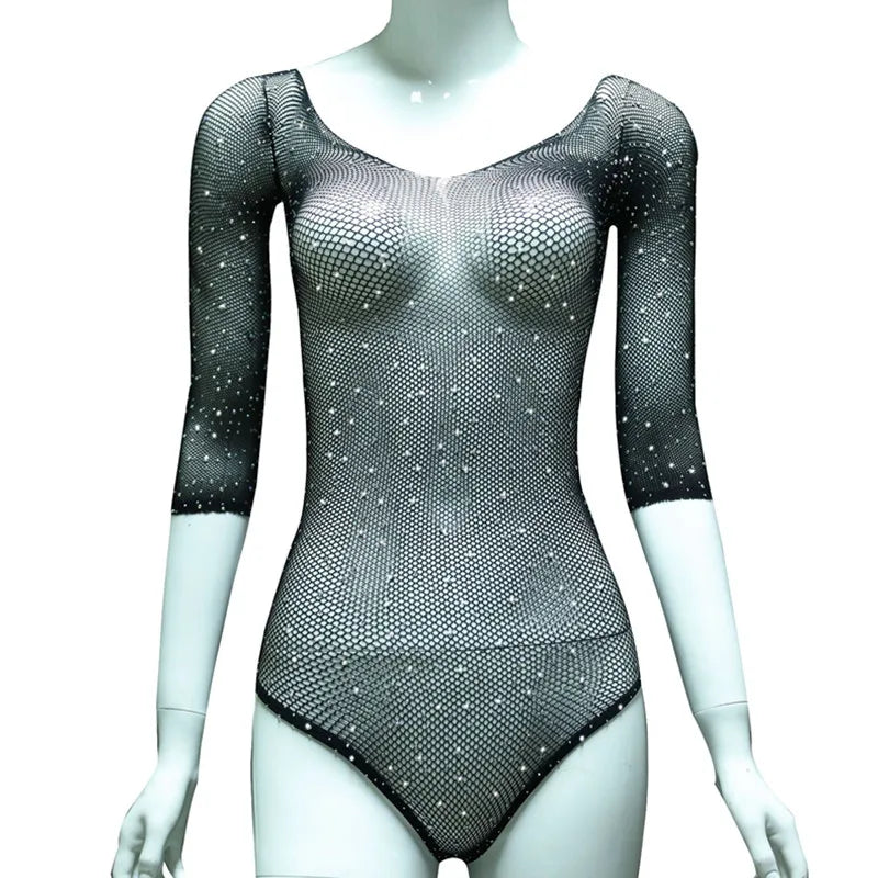 Rhinestone Fishnet Bodysuit — Sparkle Mesh Long Sleeve Teddy | Women's Lingerie