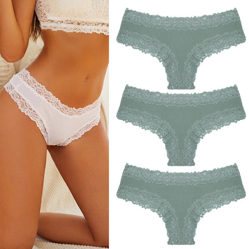 Women's Cotton Lace Briefs – 3-Piece Set | Soft Low-Rise Stretch Underwear (S–XL)