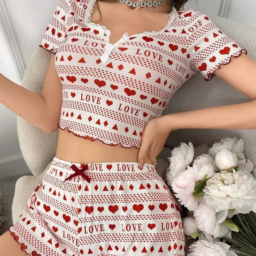 Women's 2-Piece Pajama Set | Soft Crop Top & Shorts Sleepwear | Casual Cartoon Print Nightwear