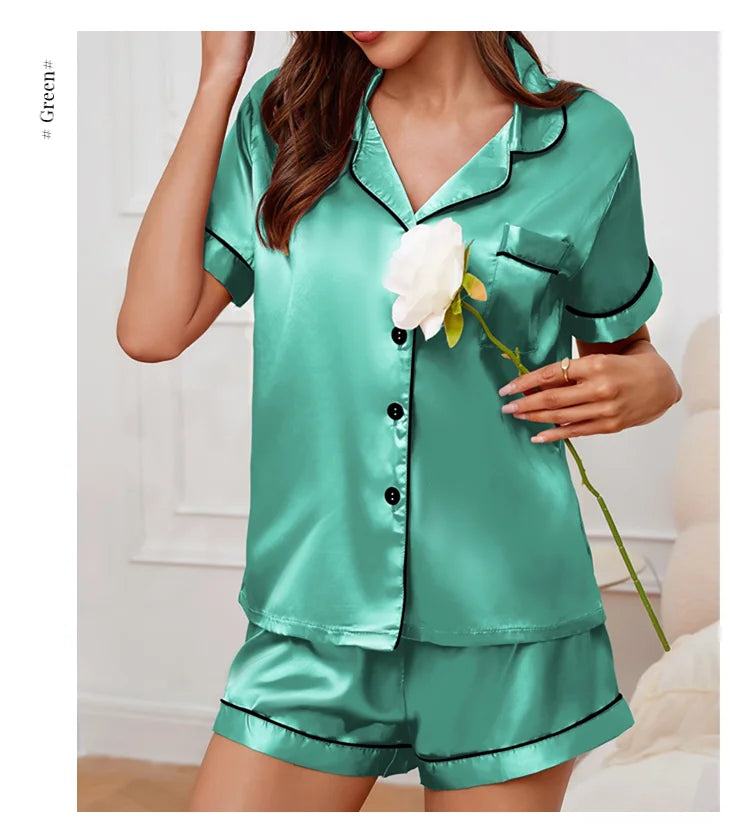 Satin Pajamas Set — Short Sleeve Button Top & Shorts | Women's Summer Sleepwear