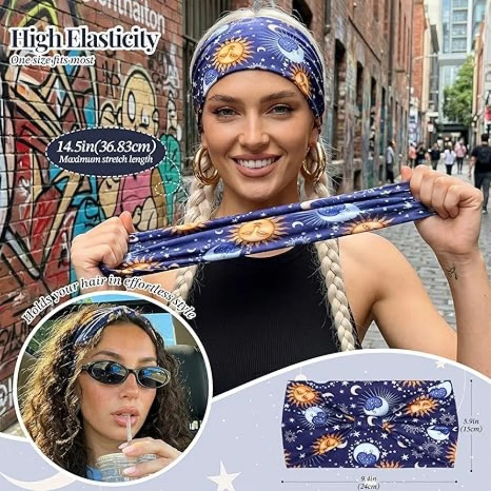 4 Pcs Wide Headbands for Women Non Slip Knotted Headhand Bandana Star Moon Head Bands Hair Wrap Yoga Workout Hair Accessories