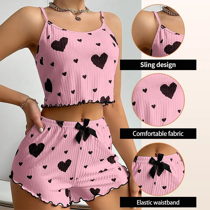 Spaghetti Strap Tank Top & Shorts Pajama Set – Geometric Print, Knit | Women's Summer Sleepwear (1pc or 2pcs)