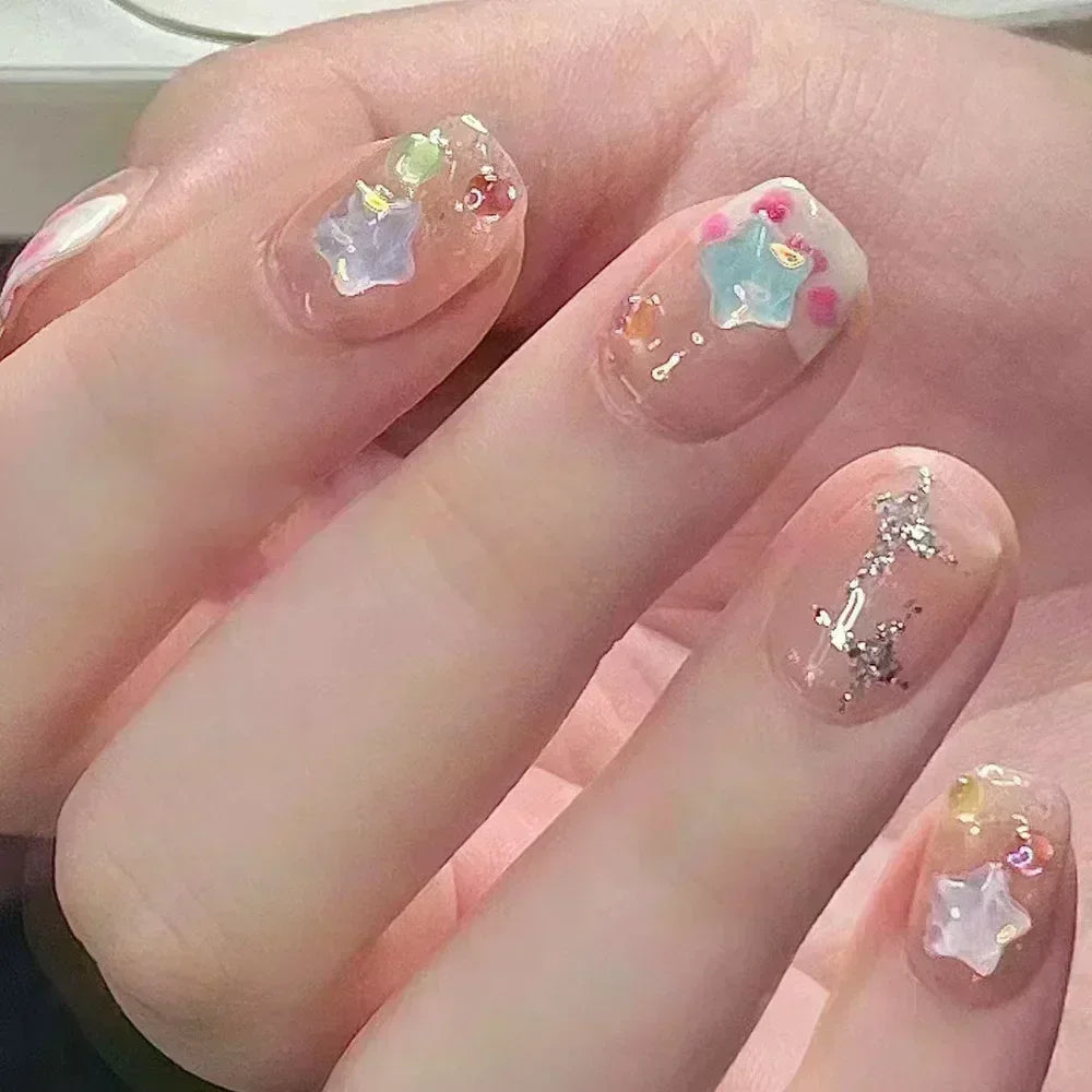 Short Press-On Nails - French Tip, Bow & Glitter Designs, 24 Pieces