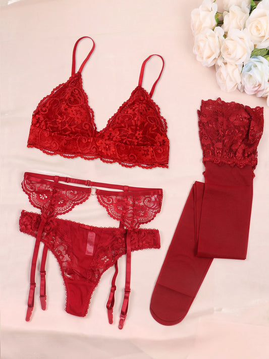Floral Lace Bralette Lingerie Set — Wire-Free Bra, Thong, Garter Belt & Stockings | Women's Lingerie