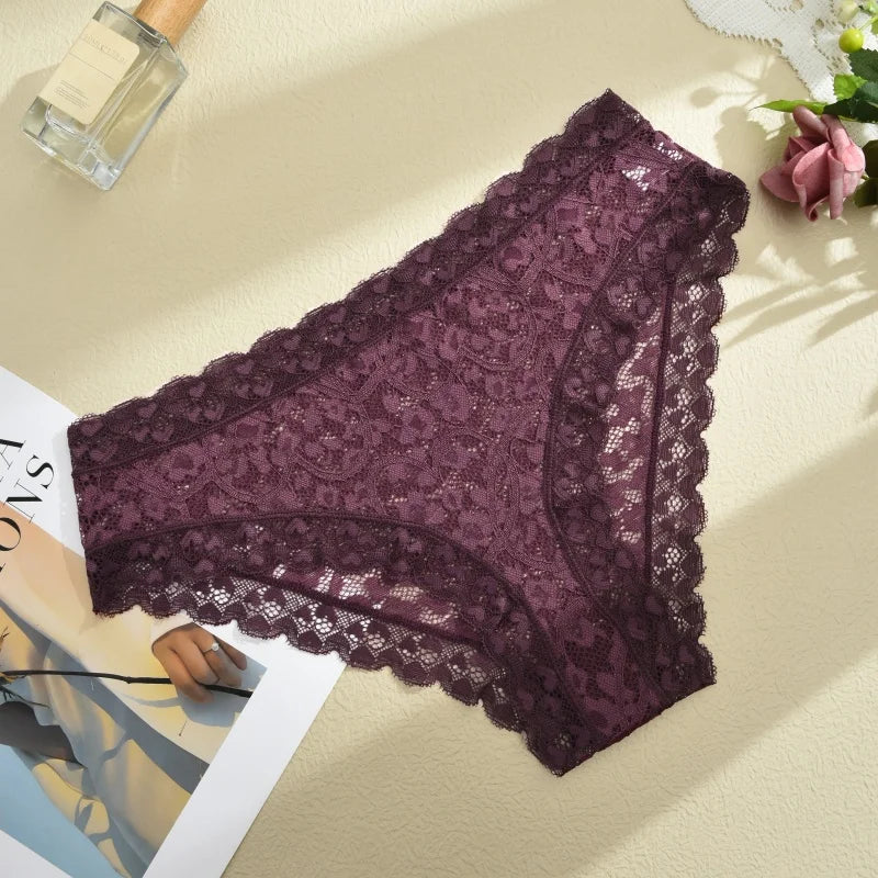 Hollow Lace Low-Rise Bikini Panty – Breathable French-Style Underwear for Women (S–XL, 6 Colors)