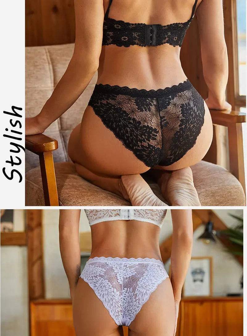 3-Pack Seamless Lace Hollow-Out Brief Panties – Soft Breathable Low-Rise Underwear for Women (S–XL, 20 Color Sets)