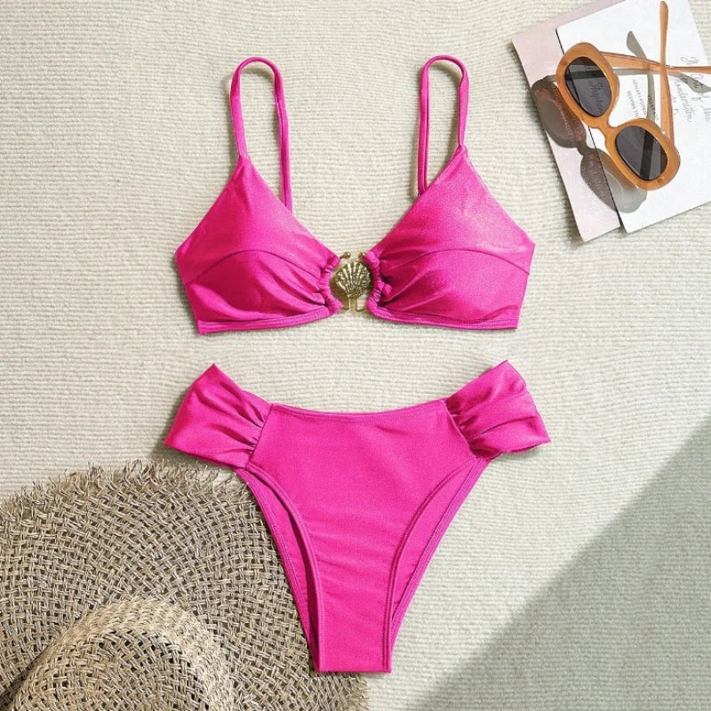 Pleated High-Waist Bikini Set — Metal Shell Buckle Push-Up | Women's Swimwear
