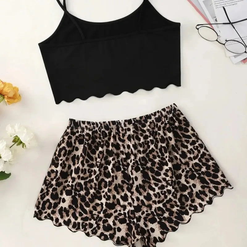 Leopard Print Sling Pajama Set – V-Neck Sleeveless Top & Shorts, 100% Cotton Sleepwear (S–XL)
