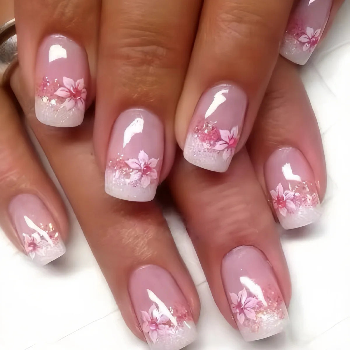 Short Square Press-On Nails - Purple Floral & Gradient French, 24 Pieces