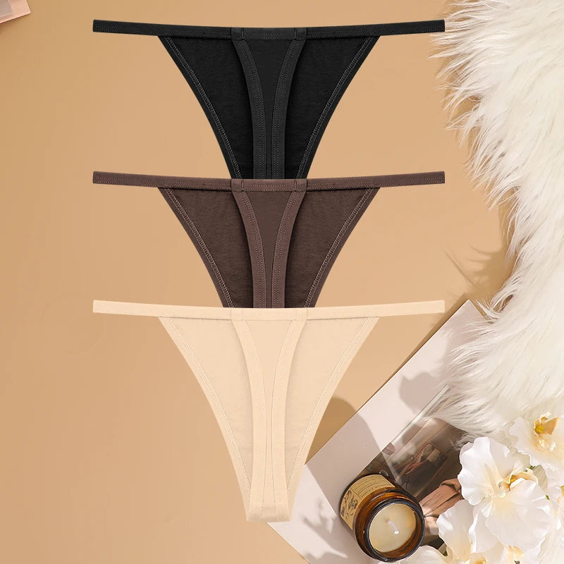 FINETOO 3PCS/Set Sexy Women Cotton G-String Underwear Low Waist Panties Girl T-back Panty Soft Thin Strap Femme Thong Lingerie