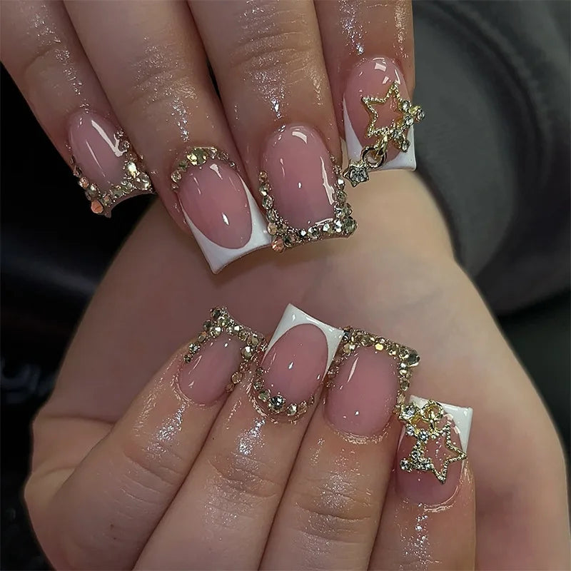 Medium Square Press-On Nails with Adhesive - Blush Pink Floral & French, 24 Pieces