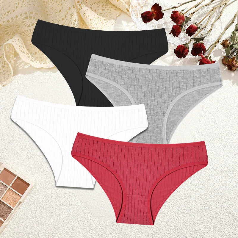 FINETOO 4Pcs Sexy Cotton Panties for Women Underwear Striped Panty Female Soft Lingeries Briefs Pantys Girl Underpant Intimates