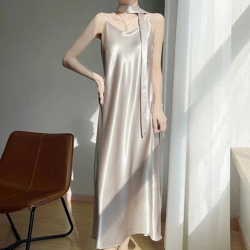 French Elegant Satin Camis Dress Women Summer Loose with Ribbon Midi Dress Female Fashion Aesthetic Party Evening Slip Dress