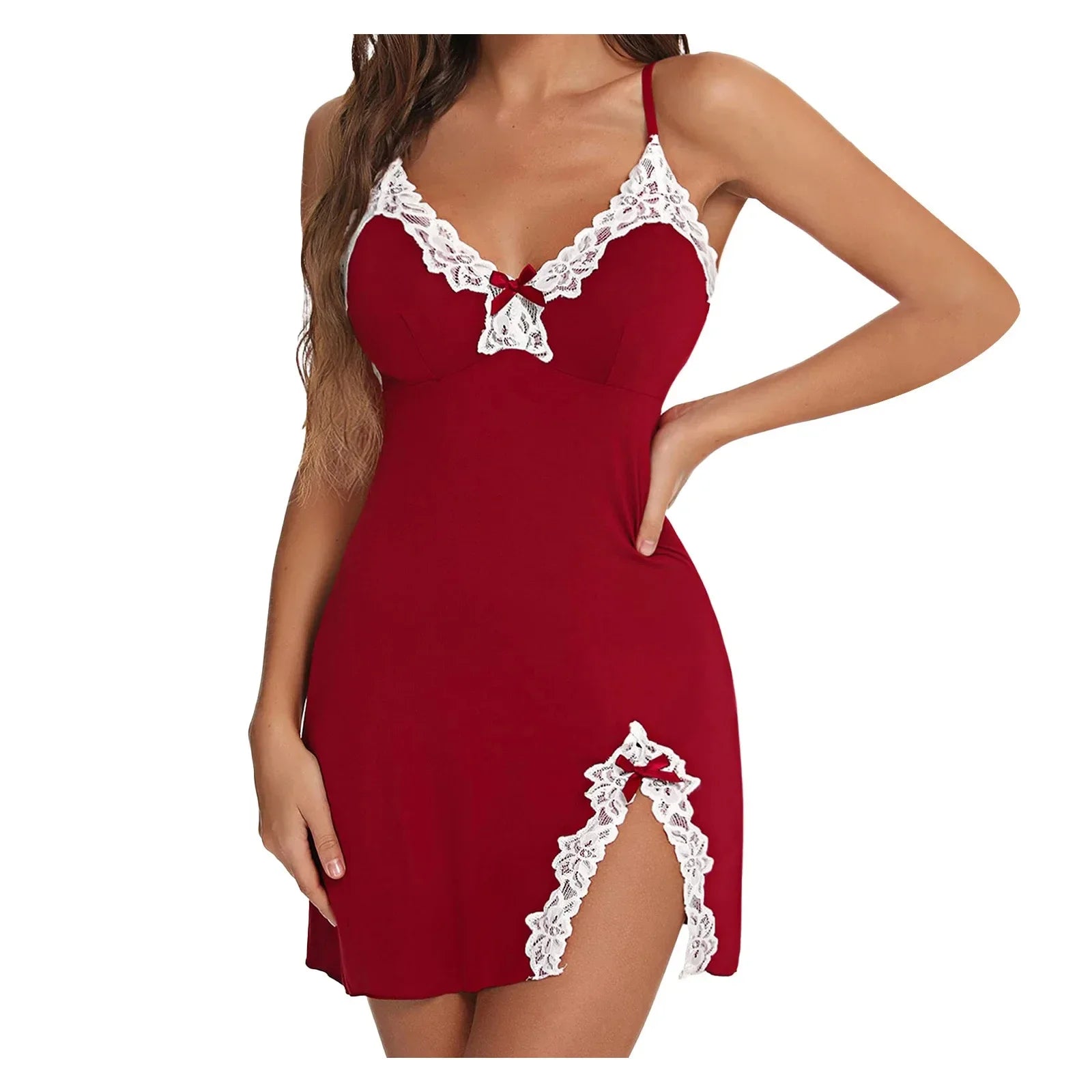 Lace Satin V-Neck Split Hem Nightgown – Sleeveless Mini Night Dress | Women's Sleepwear S–5XL