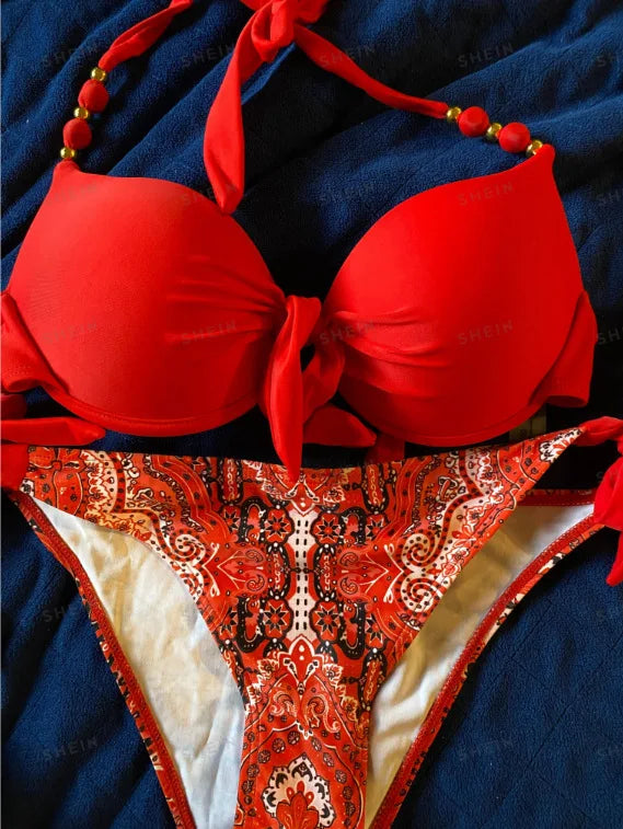 Push-Up Halter Bikini Set — Bow-Tie Top & Printed Side-Tie Bottoms | Women's Swimwear