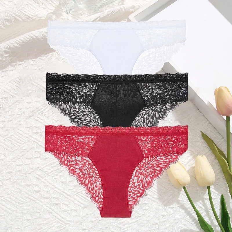 3-Pack Seamless Lace Hollow-Out Brief Panties – Soft Breathable Low-Rise Underwear for Women (S–XL, 20 Color Sets)