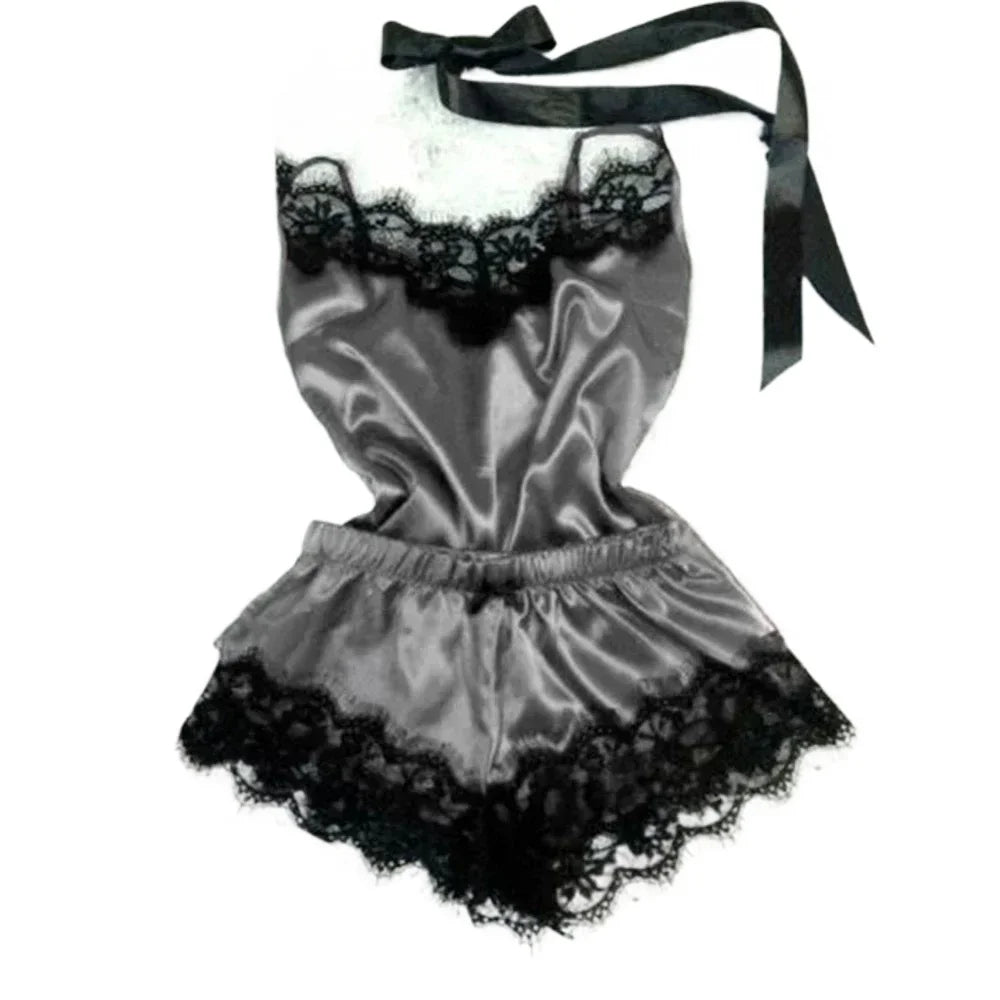 Lace Silk Cami Top & Shorts Pajama Set – V-Neck, Sleeveless, Summer Sleepwear | Women's Loungewear