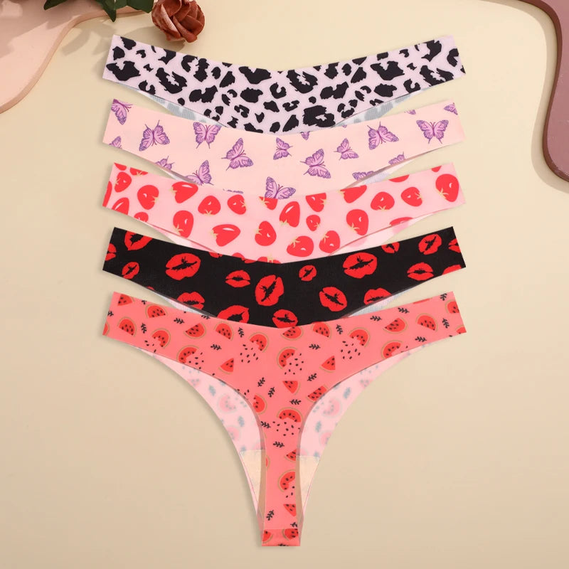 5-Pack Ice Silk Printed Thongs — Seamless Low-Rise G-String Panties