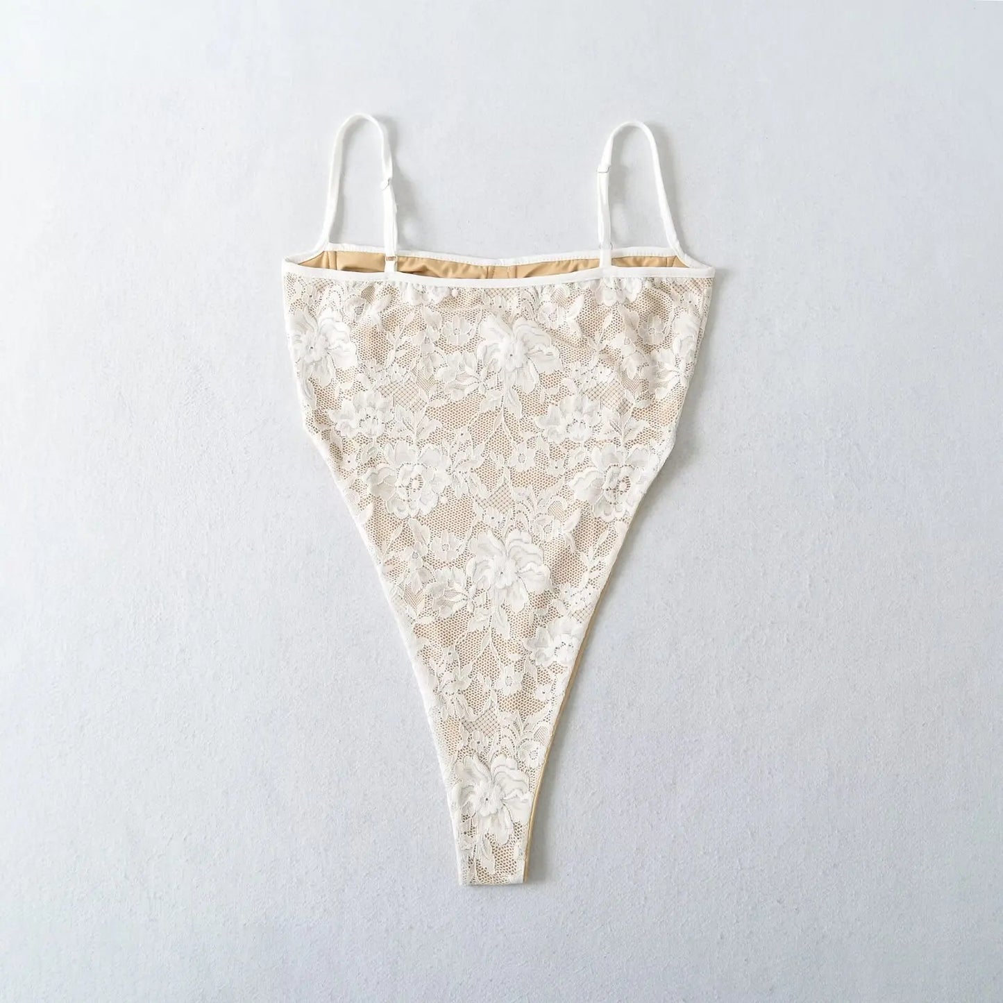 Lace Floral Bodysuit — Spaghetti Strap Slim Fit Romper