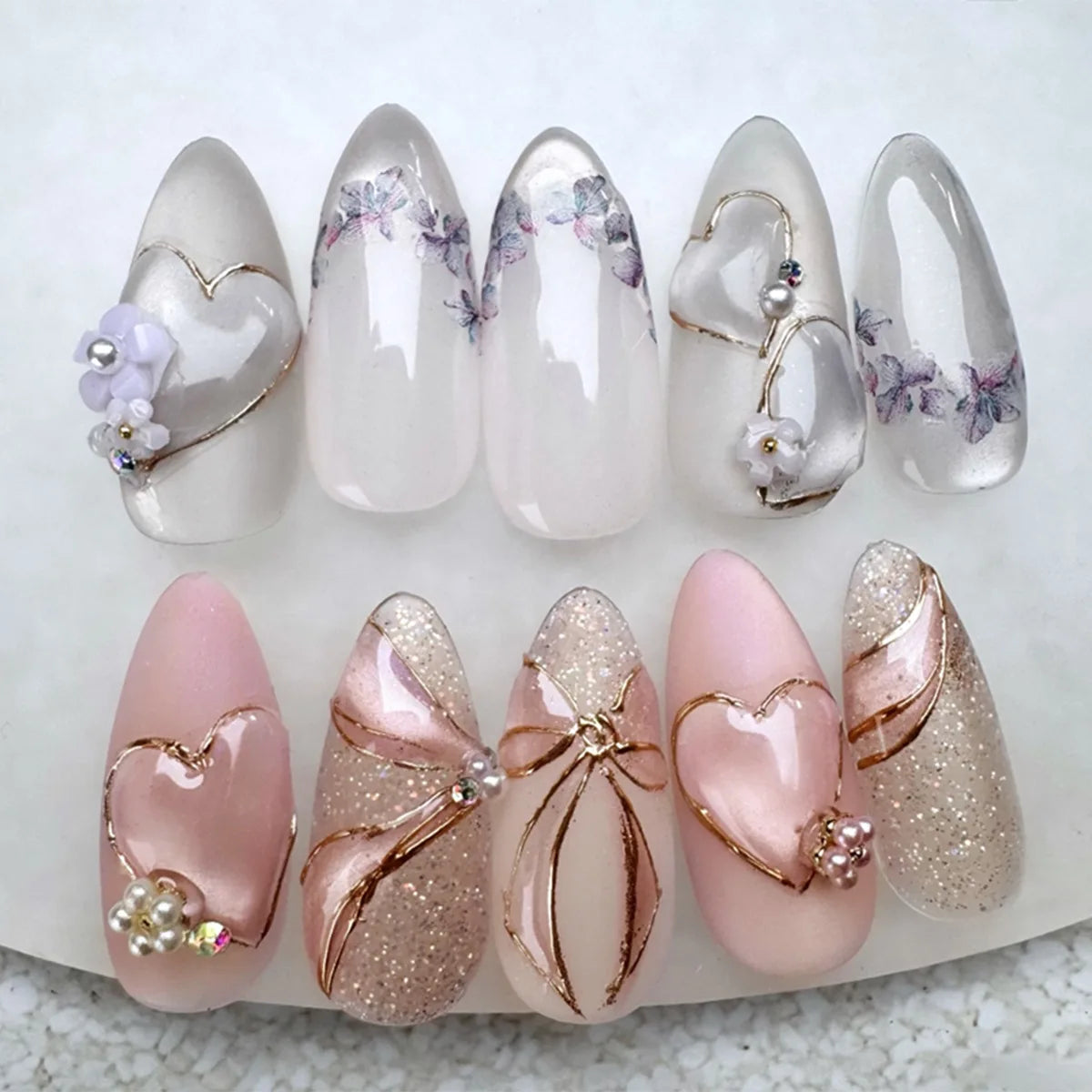 Pink Floral Press-On Nails – Almond Flower Designs, 24 Pieces