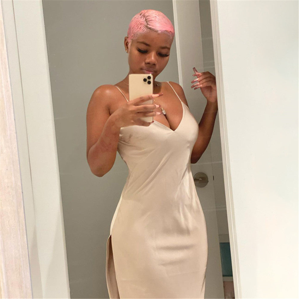 Satin Silky Spaghetti Strap Split Backless Summer Women Long Dress  Bodycon Evening Beach Party Dress