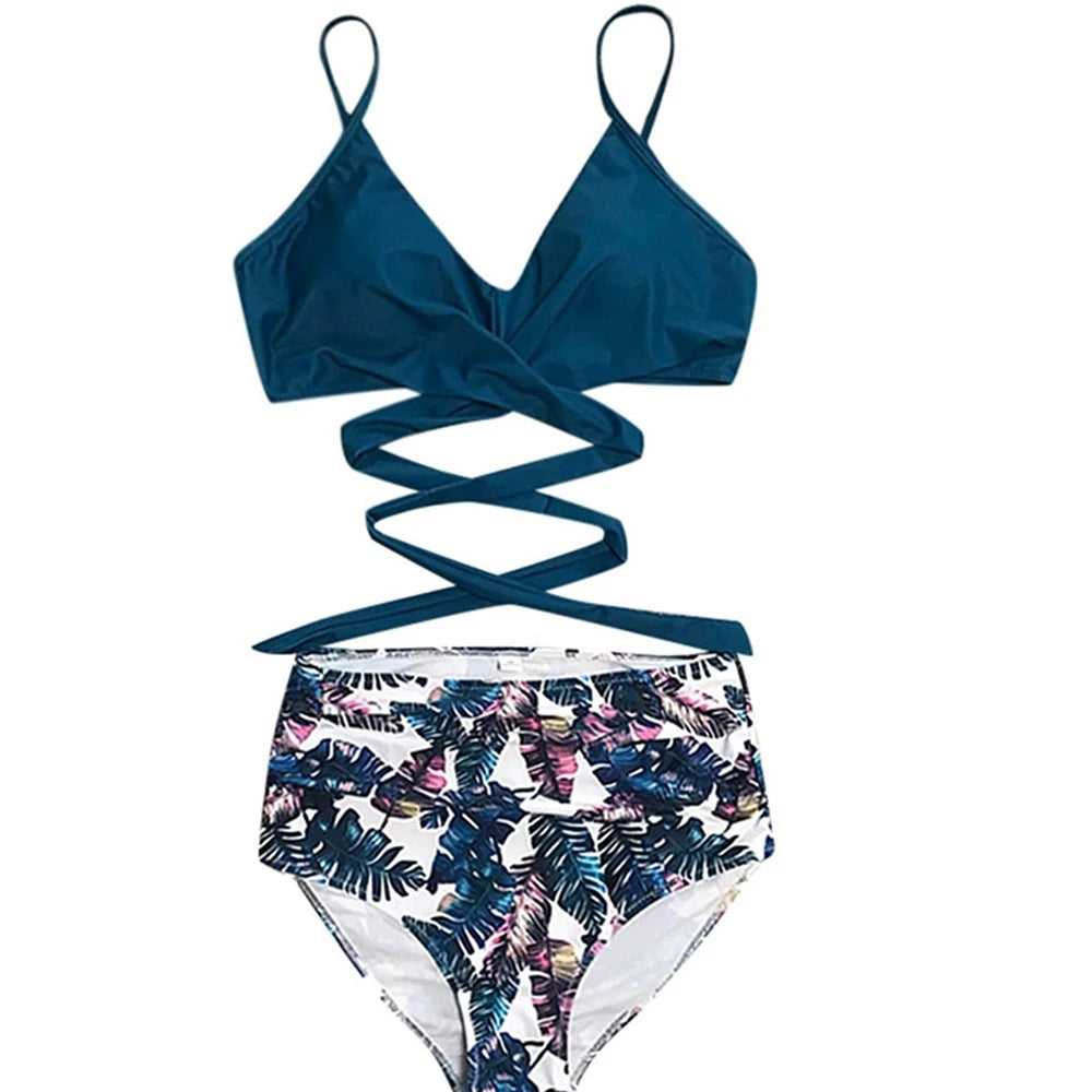 High Waist Bikini Set — Cross Front Top & Ruched Bottoms | Women's Swimwear