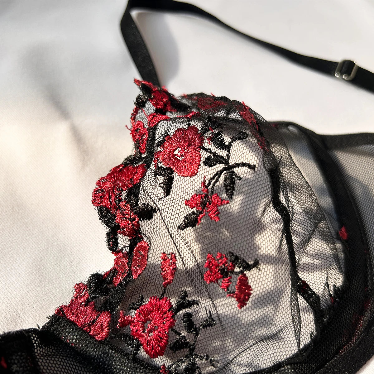 Embroidered Lace Triangle Bra & Thong Set — Wire-Free Bow Detail | Women's Sexy Lingerie