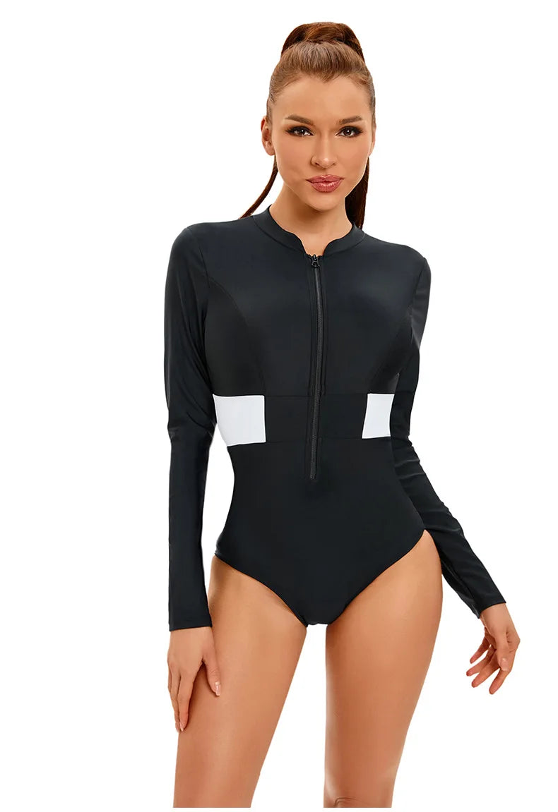 Long Sleeve Zip-Front Rash Guard One-Piece Swimsuit — UPF Sun Protection | Women's Swimwear
