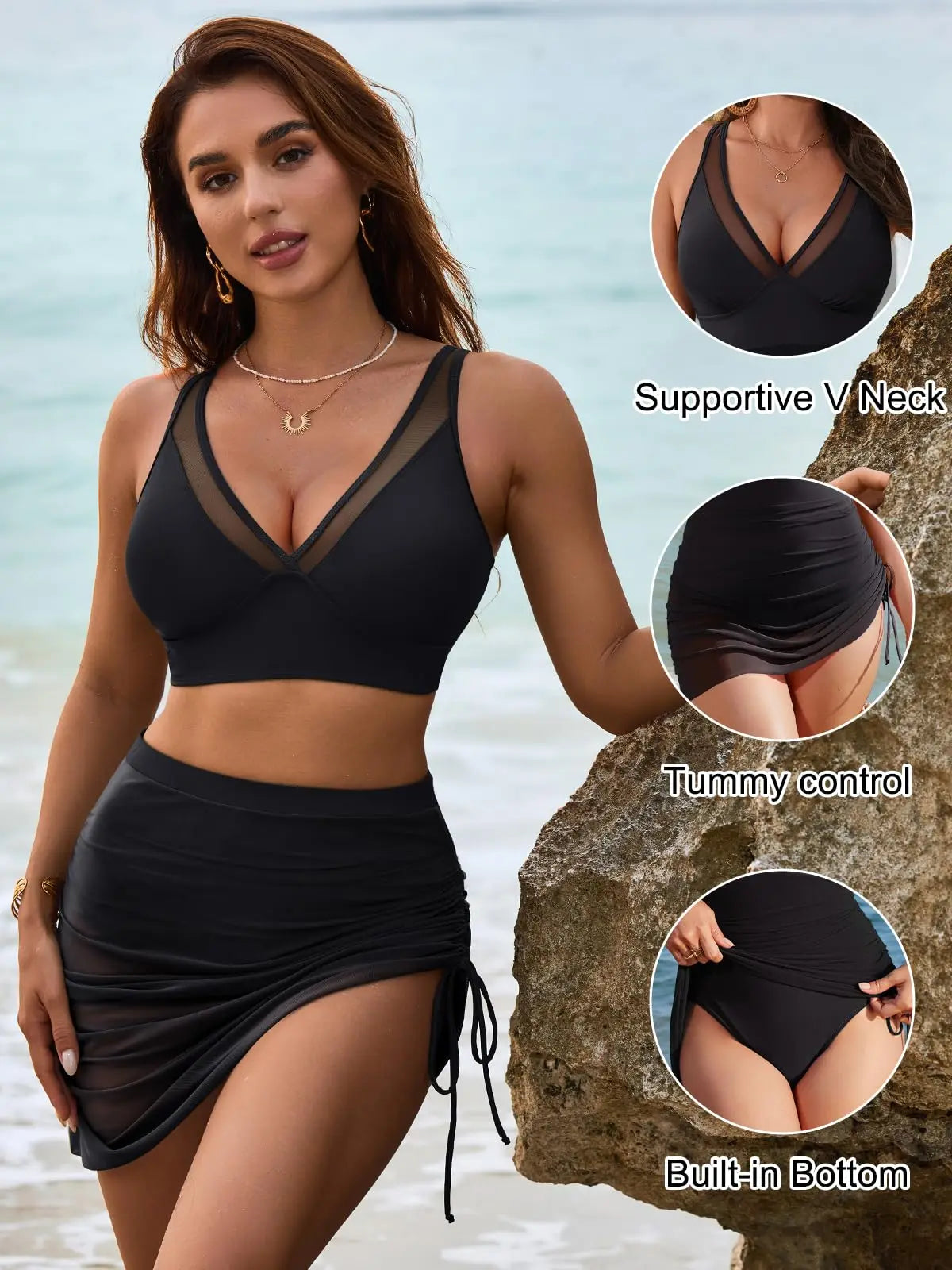 High-Waist Bikini Set with Mesh Sarong Skirt — Tummy Control | Women's Swimwear