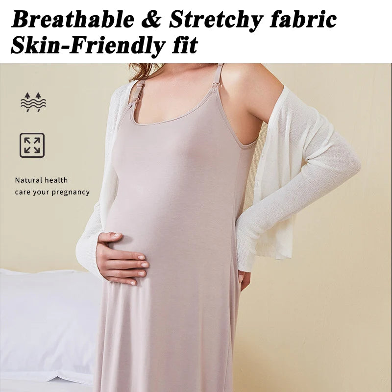Women's Maternity Nursing Tank Dress with Built-in Bra Breastfeeding Long Sleeveless Nightdress for Pregnant Nursing Mothers