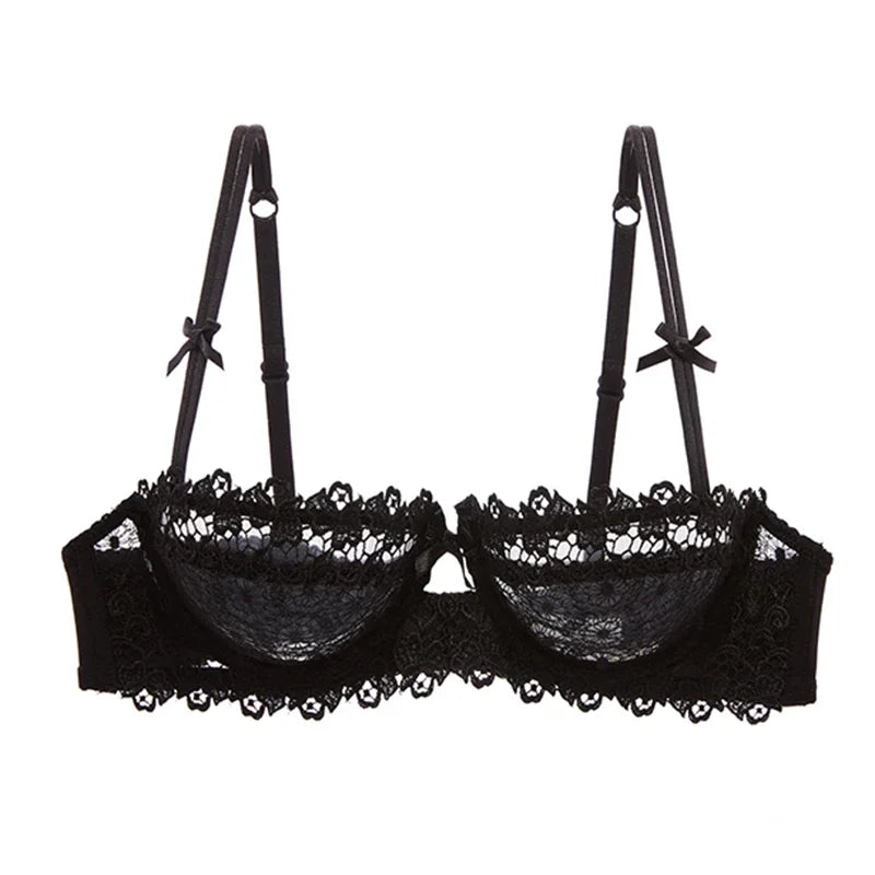 Women's Plus Size Sexy Half Cup Lace Bra | Sheer Mesh Unlined Bralette with Underwire | Natural Lift Lingerie for A-D Cup (70A–95D)