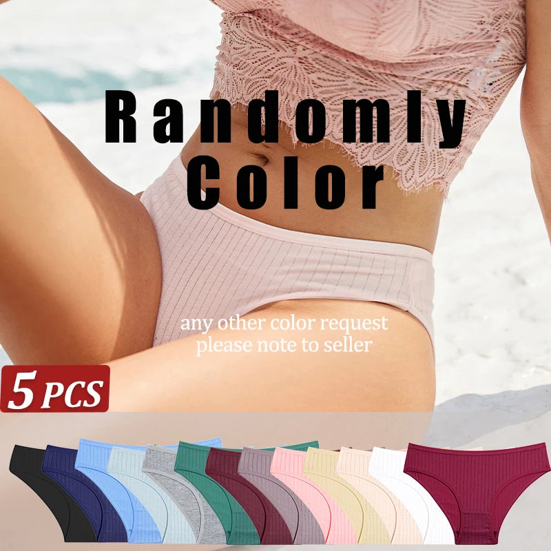 5-Pack Cotton Striped & Solid Brief Panties – Breathable Low-Rise Underwear for Women (M–XL, 12 Color Sets)