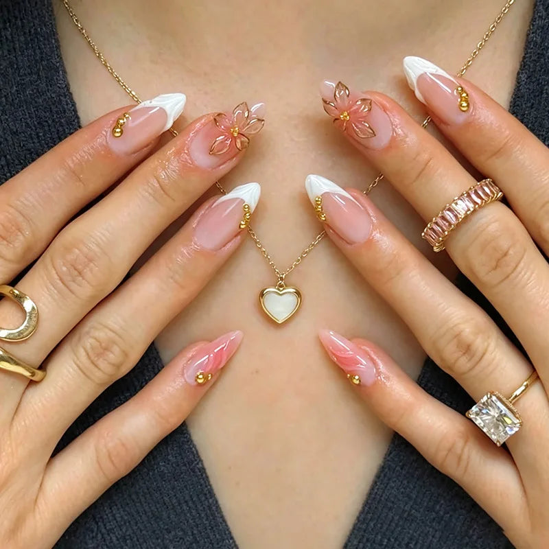 Almond Press-On Nails - 3D Floral, Butterfly & French Tip, 24 Pieces