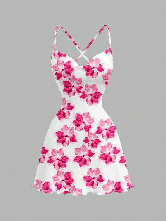 Floral Print Off-Shoulder Backless Mini Dress – A-Line | Vacation & Beach Style