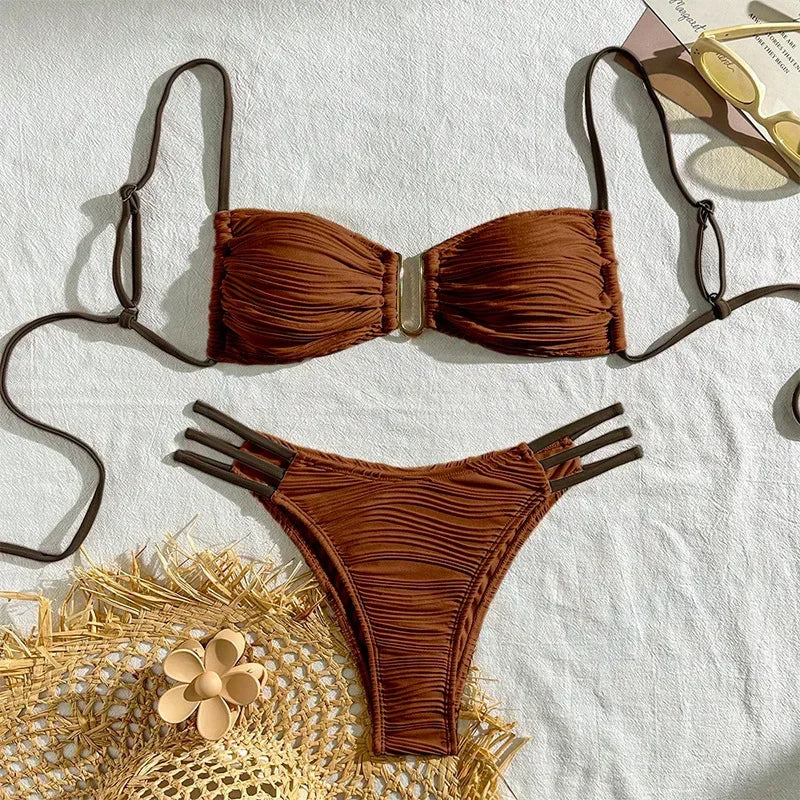 Ruched Bandeau Bikini Set — Brazilian Cut with Metal Detail | Women's Swimwear