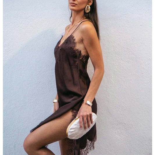 Lace-Trim Satin Slip Mini Dress — Backless Asymmetric V-Neck | Women's Summer Party Dress