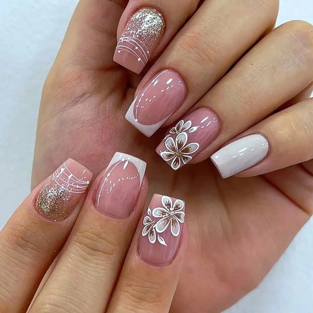 Short Square Press-On Nails - Purple Floral & Gradient French, 24 Pieces