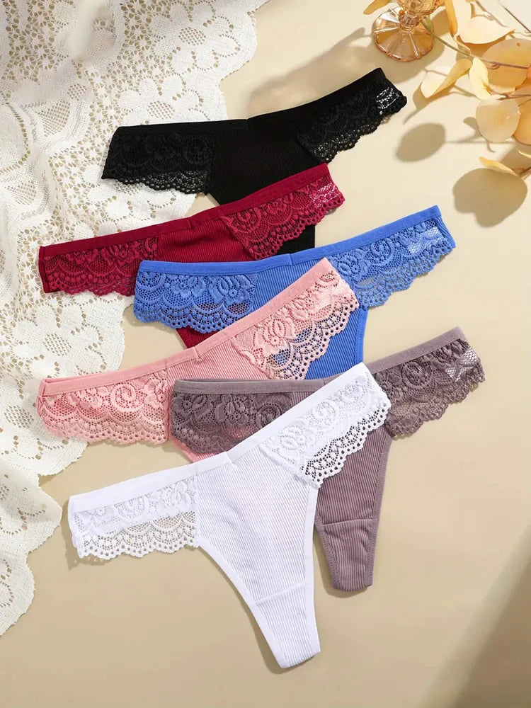 7-Pack Cotton Lace-Waist Thongs — Low-Rise Ribbed G-String Panties