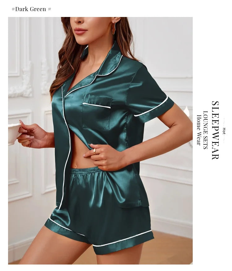 Satin Pajamas Set — Short Sleeve Button Top & Shorts | Women's Summer Sleepwear