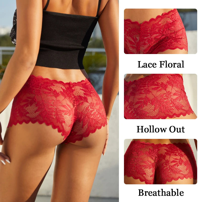5-Pack Lace Floral Boyshorts — Low-Rise Hollow Out Panties