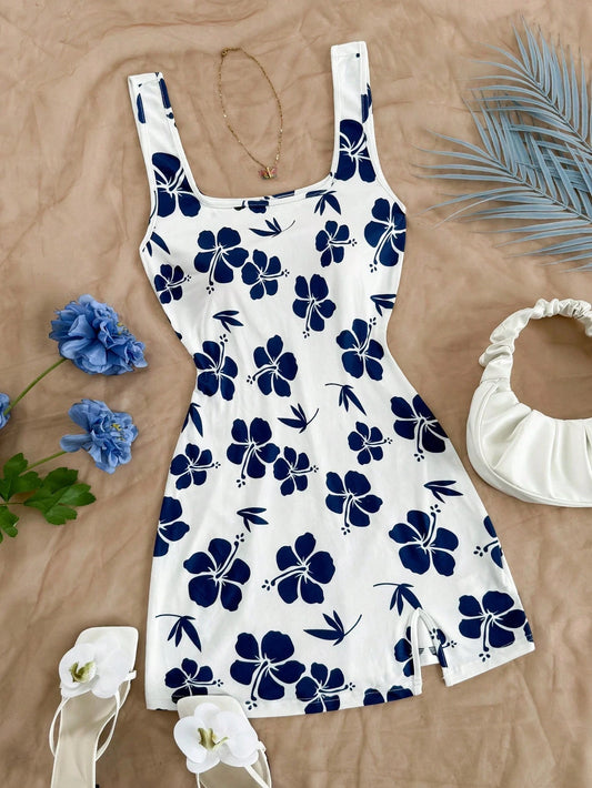 Floral Print U-Neck Open Back Mini Dress – Side Slit Slim Fit | Sexy Vacation Style