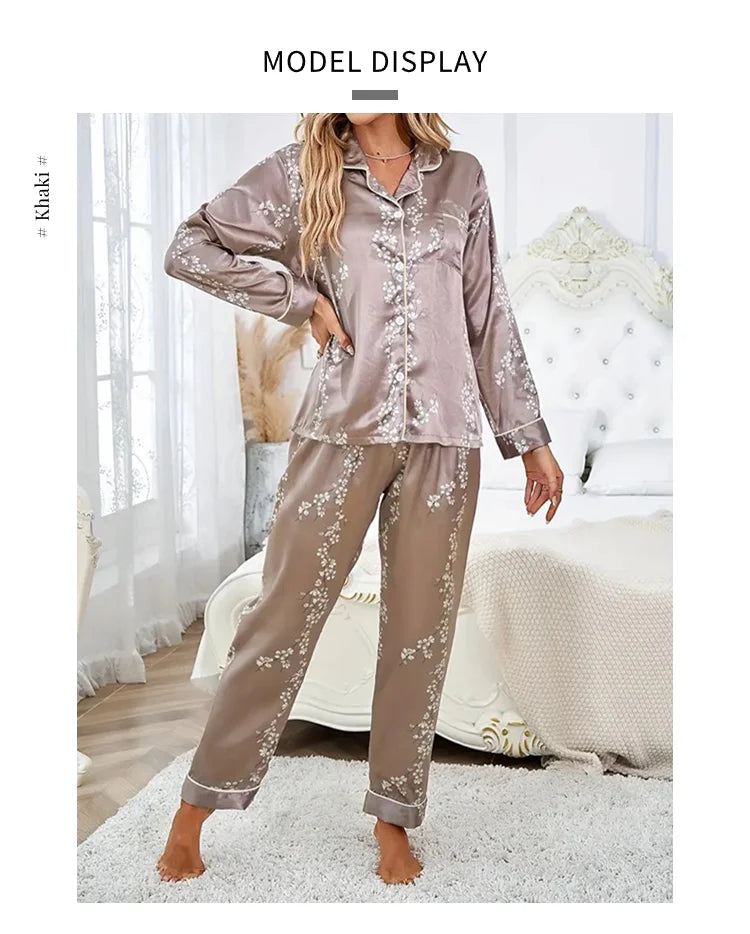 Satin Floral Pajama Set — Long Sleeve Button-Up Top & Pants