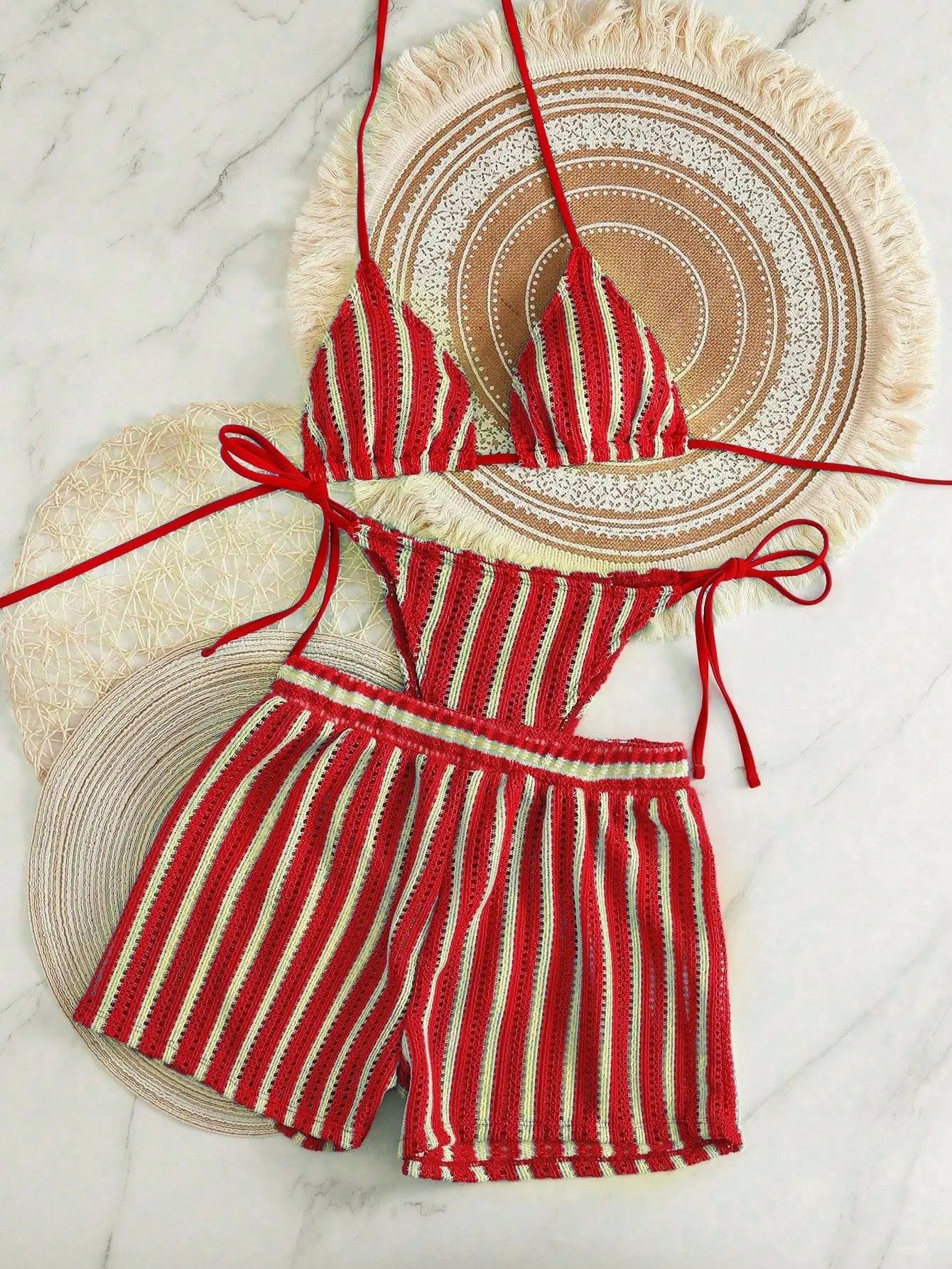 Striped Halter Triangle Bikini Set — 3-Piece with Mini Skirt Cover-Up | Women's Swimwear