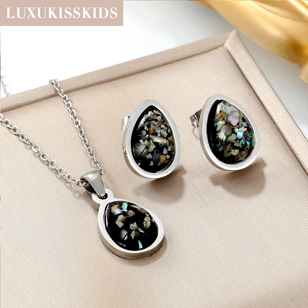 LUXUKISSKIDS Fashion Water Drop Choker Necklace Earrings Sets Stainless Steel Woman/Girls Luxury Jewelry Set Wedding Accessories